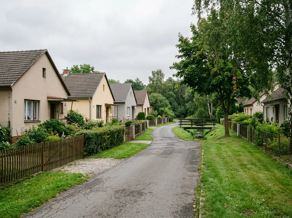 Csendes külvárosi utca földszintes házakkal, kerítésekkel és füves padkával